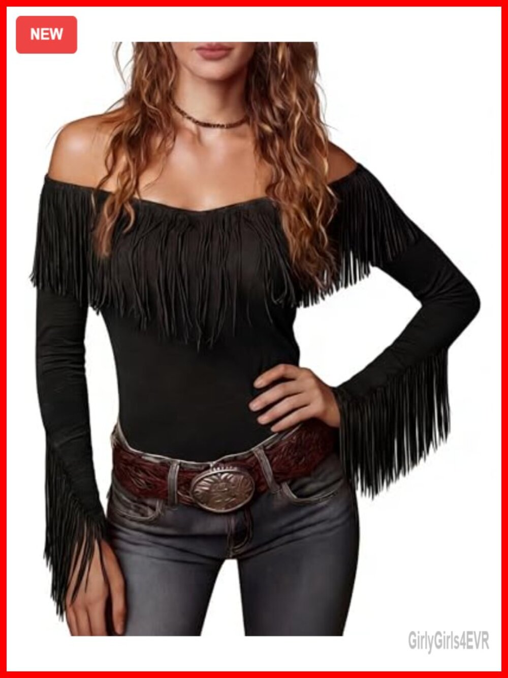 Fringe Off Shoulder Western Cowgirl Blouse Long Sleeve Tassels